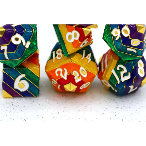 Rainbow Pride solid metal dice set - Gold with White Lettering - Premium Polyhedral Dice Set - Just $49.99! Shop now at Retro Gaming of Denver