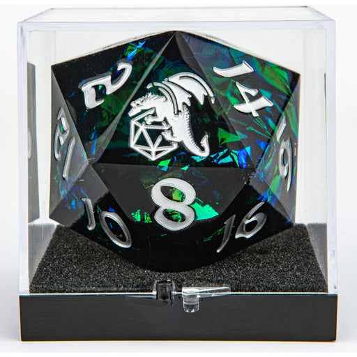 Sharp Edged Resin 55mm D20 - Black w/ Silver Ink - Premium Giant Hollow Dice - Just $54.99! Shop now at Retro Gaming of Denver