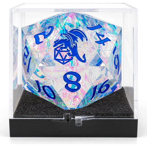Sharp Edged Resin 55mm D20 - Opal w/ Blue Ink - Premium Giant Hollow Dice - Just $54.99! Shop now at Retro Gaming of Denver