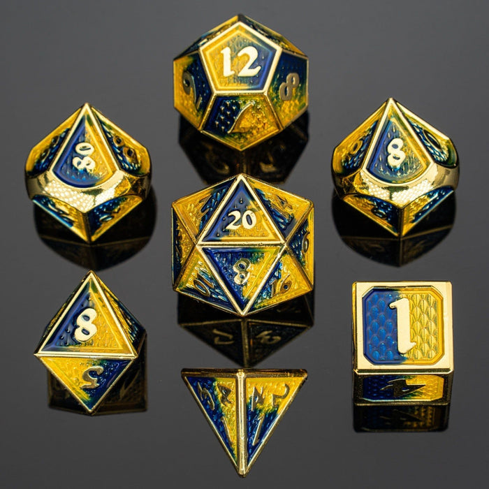 Solid Metal Behemoth Dice set - Gold with Yellow and Blue Enamel - Just $39.99! Shop now at Retro Gaming of Denver