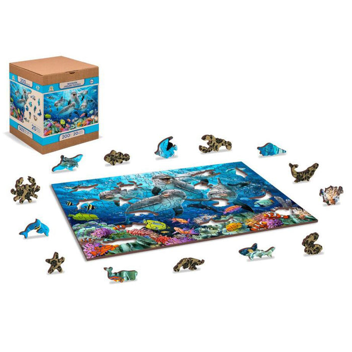Happy Dolphins 200 Piece Wood Jigsaw Puzzle Wooden City - for just $19.99! 