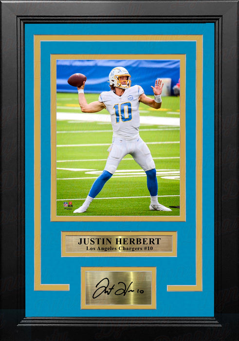 Justin Herbert in Action Los Angeles Chargers 8" x 10" Framed Football Photo with Engraved Autograph - for just $79.99! 