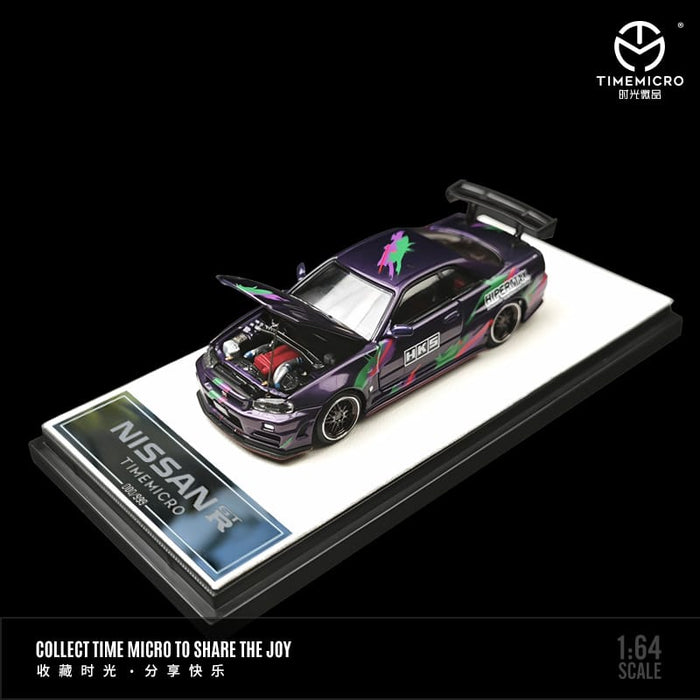 TimeMicro Nissan Skyline GTR-R34 White / Black / Purple HKS Livery 1:64 - Just $39.99! Shop now at Retro Gaming of Denver