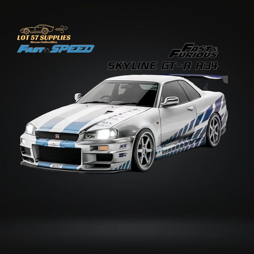 Fast Speed Nissan Skyline GT-R R34 Z-Tune HighWing Edition & TE37 Rims FNS Livery Silver / Blue 1:64 - Premium Nissan - Just $34.99! Shop now at Retro Gaming of Denver