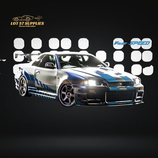 Fast Speed Nissan Skyline GT-R R34 Z-Tune HighWing Edition & TE37 Rims FNS Livery Silver / Blue 1:64 - Premium Nissan - Just $34.99! Shop now at Retro Gaming of Denver