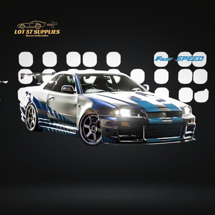 Fast Speed Nissan Skyline GT-R R34 Z-Tune HighWing Edition & TE37 Rims FNS Livery Silver / Blue 1:64 - Just $34.99! Shop now at Retro Gaming of Denver