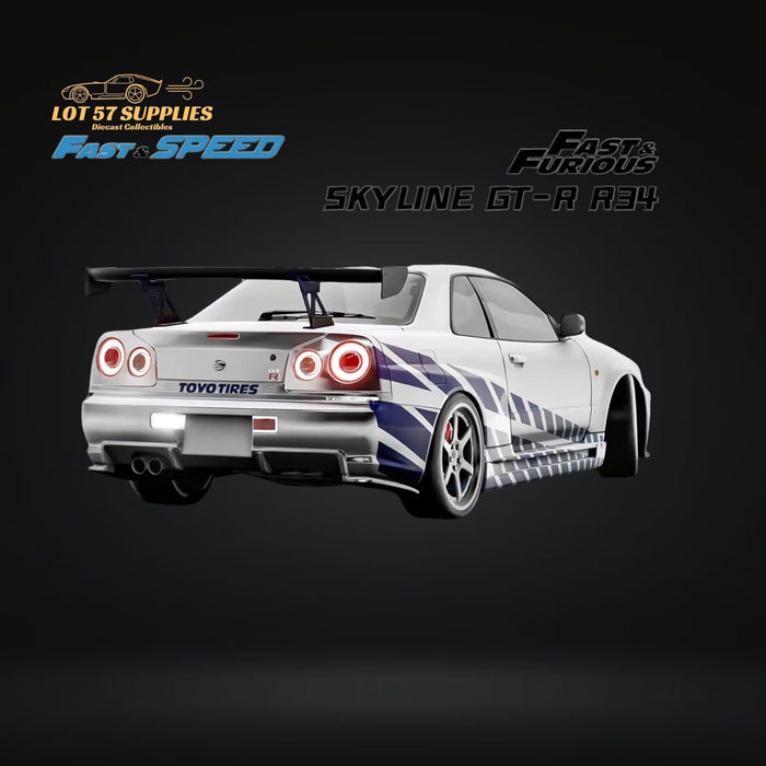 Fast Speed Nissan Skyline GT-R R34 Z-Tune HighWing Edition & TE37 Rims FNS Livery Silver / Blue 1:64 - Just $34.99! Shop now at Retro Gaming of Denver