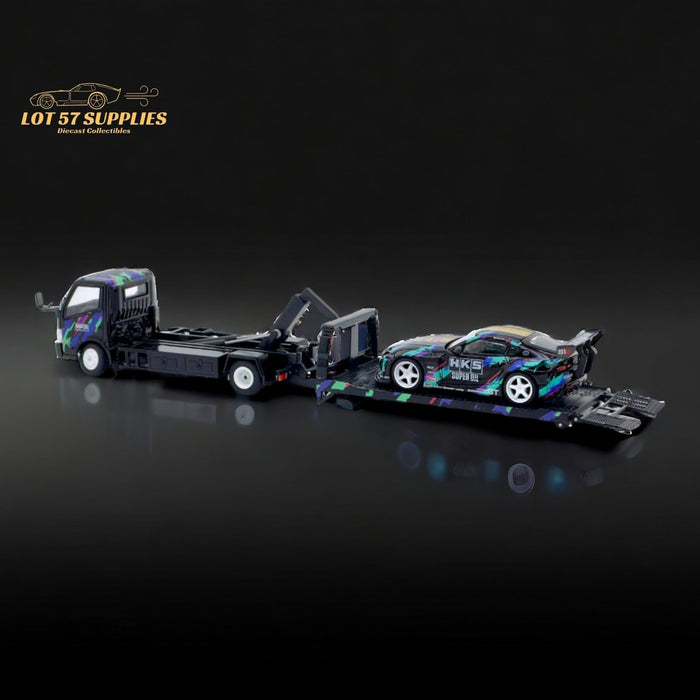 Unique Model Hino 300 Dutro Flatbed Flatbed Tow Truck in HKS Livery 1:64 - Just $59.99! Shop now at Retro Gaming of Denver