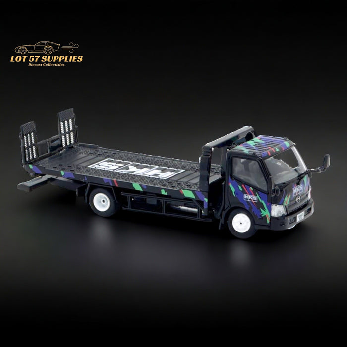 Unique Model Hino 300 Dutro Flatbed Flatbed Tow Truck in HKS Livery 1:64 - Just $59.99! Shop now at Retro Gaming of Denver