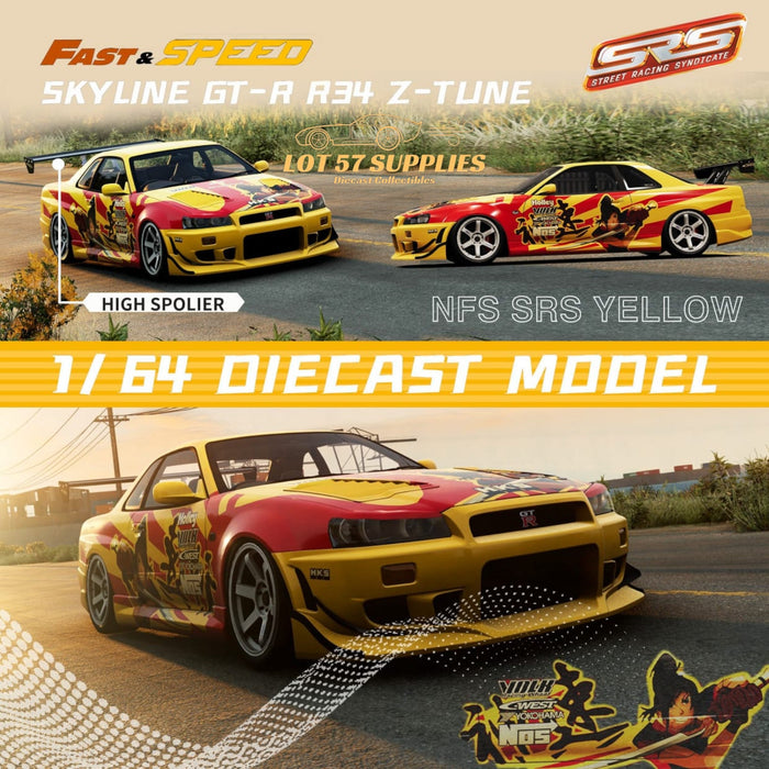 (Pre-Order) Fast Speed Nissan Skyline GT-R R34 Z-Tune NFS SRS Yellow-Red Livery 1:64 - Just $34.99! Shop now at Retro Gaming of Denver