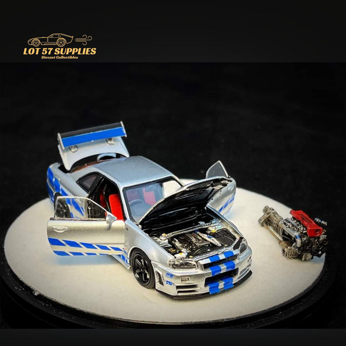 (Pre-Order) PGM X ONE MODEL Nissan Skyline R34 Z-TUNE in Silver F&F Livery Fully Openable With Engine Included Luxury Base 1:64 PGM-641004 - Just $94.99! Shop now at Retro Gaming of Denver