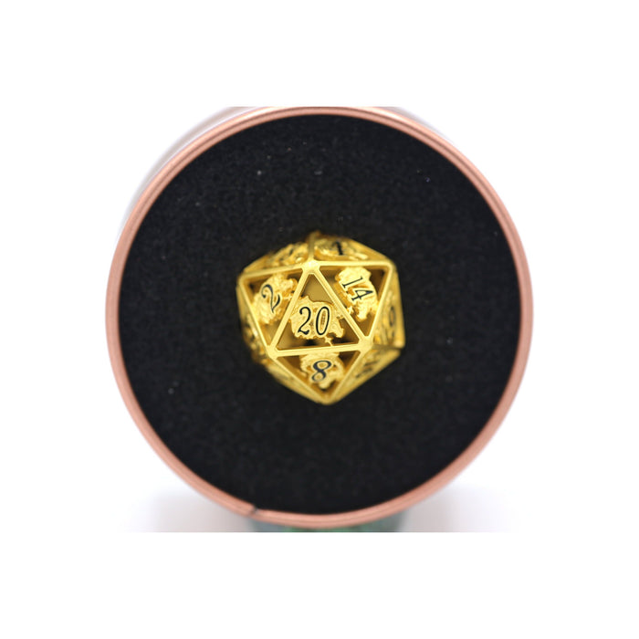 Single Hollow Metal Dragon Polyhedral D20 Dice - Matte Gold with Black enamel - Just $26.99! Shop now at Retro Gaming of Denver