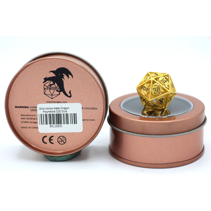 Single Hollow Metal Dragon Polyhedral D20 Dice - Matte Gold with Black enamel - Just $26.99! Shop now at Retro Gaming of Denver