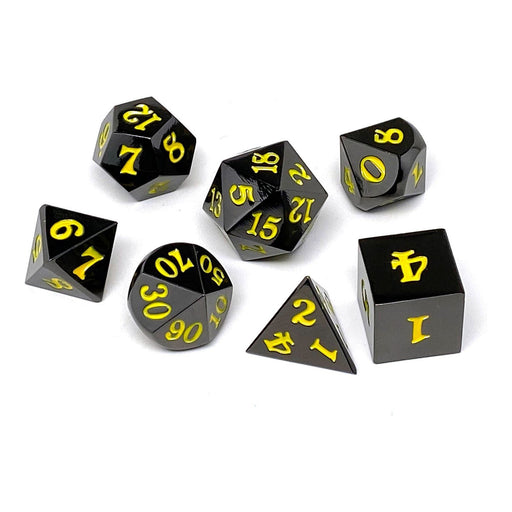 Gun Metal 7 Piece Dice Set - Signature Font - Yellow - Premium Metal Dice - Just $24.95! Shop now at Retro Gaming of Denver