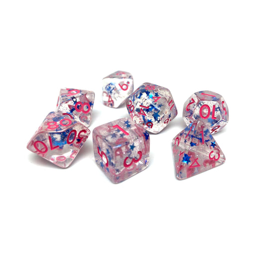 Translucent Starburst with Pink Numbering Dice Collection - 7 Piece Set - Premium 7 Piece Set - Just $12.95! Shop now at Retro Gaming of Denver