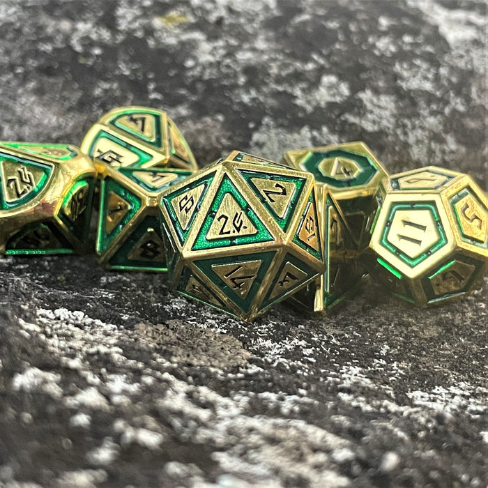 Cleric's Domain Green And Gold Metal Dice Set - Just $39.99! Shop now at Retro Gaming of Denver