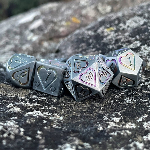 Valentine Silver and Iridescent Heart Metal Dice Set - Just $39.99! Shop now at Retro Gaming of Denver