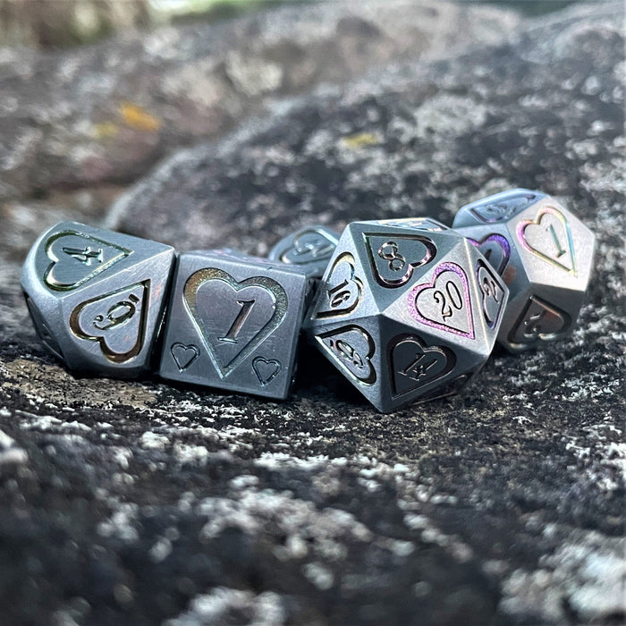 Valentine Silver and Iridescent Heart Metal Dice Set - Just $39.99! Shop now at Retro Gaming of Denver