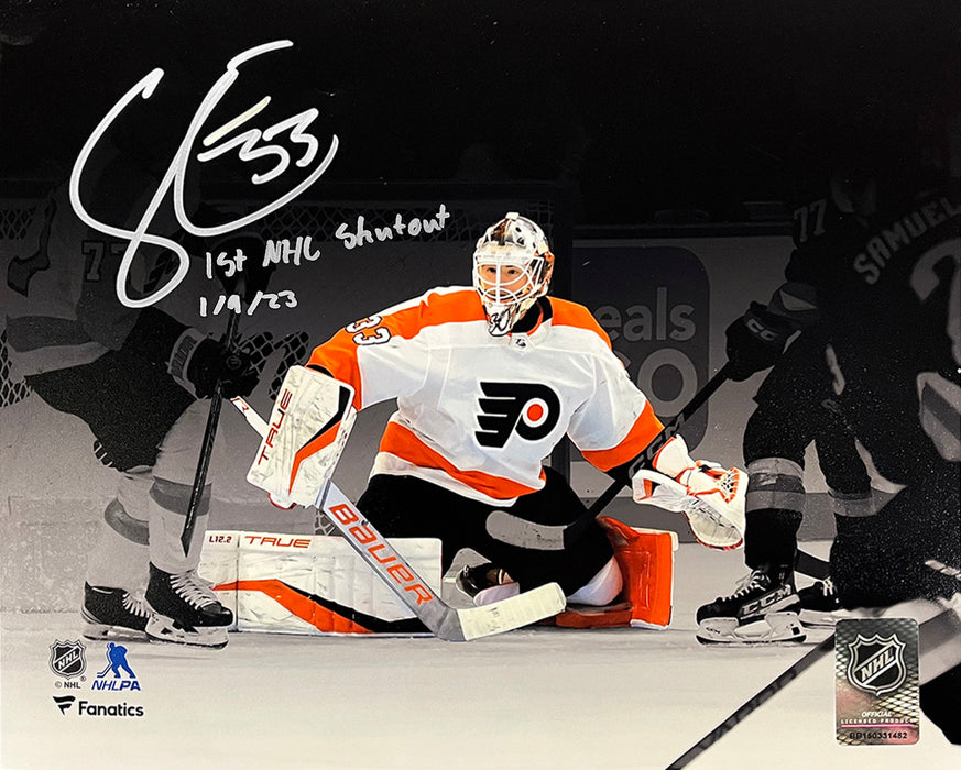 Samuel Ersson First Shutout Philadelphia Flyers Autographed 16x20 Blackout Hockey Photo Inscribed with Date - for just $59.99! 