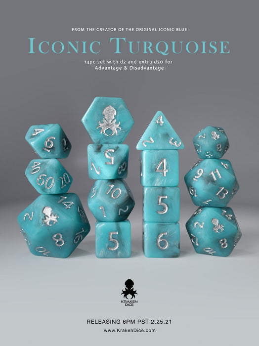14 pc Iconic Turquoise Polyhedral Dice Set with Silver Ink - for just $23.99! 