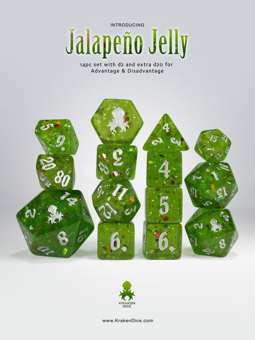 Jalapeno Jelly 14 pc - Limited Run - Silver Ink Dice Set - for just $24.95! 