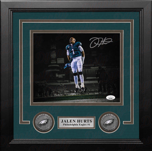 Jalen Hurts Celebration Philadelphia Eagles Autographed 8" x 10" Framed Football Blackout Photo - for just $399.99! 