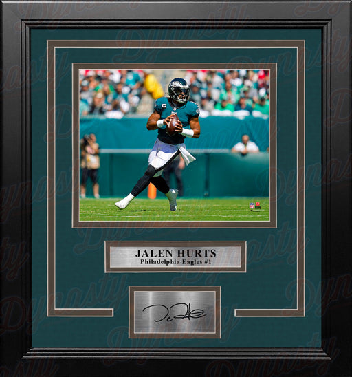 Jalen Hurts in Action Philadelphia Eagles 8" x 10" Framed Football Photo with Engraved Autograph - for just $79.99! 