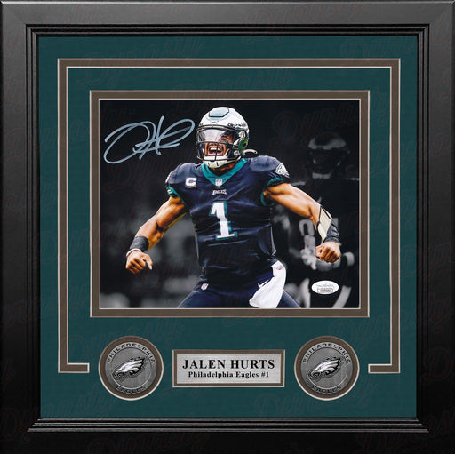 Jalen Hurts Black Flex Philadelphia Eagles Autographed 8" x 10" Framed Football Blackout Photo - for just $399.99! 