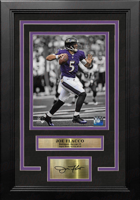 Joe Flacco Spotlight Action Baltimore Ravens 8x10 Framed Football Photo with Engraved Autograph - for just $79.99! 