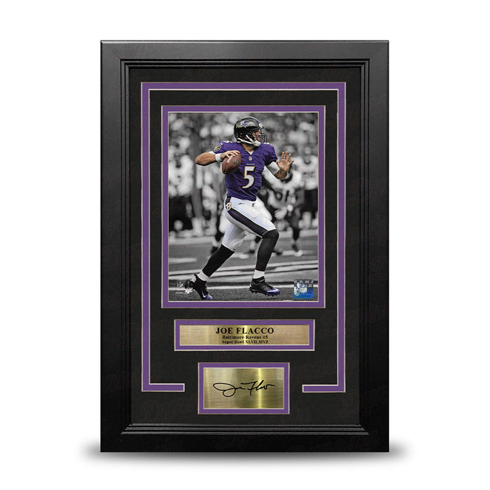 Joe Flacco Spotlight Action Baltimore Ravens 8x10 Framed Football Photo with Engraved Autograph - for just $79.99! 