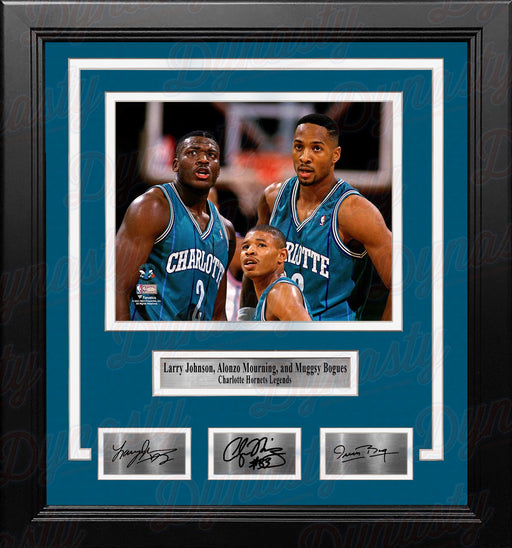 Larry Johnson, Alonzo Mourning, Muggsy Bogues Hornets 8x10 Framed Photo with Engraved Autographs - for just $79.99! 
