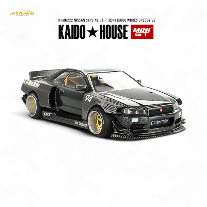 (Pre-Order) Kaido House x Mini GT Nissan Skyline GT-R (R34) Kaido Works GReddy V2 - Black w/ Carbon 1:64 - for just $29.99! 
