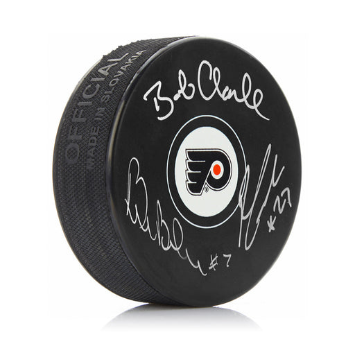 LCB Line (Bob Clarke, Bill Barber, Reggie Leach) Autographed Philadelphia Flyers Hockey Logo Puck - for just $149.99! 