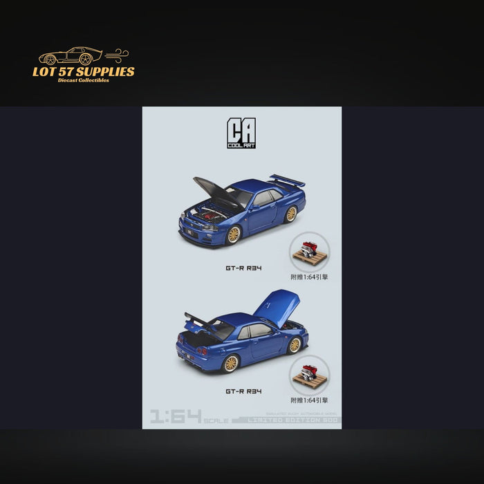 Cool ART Nissan Skyline GT-R R34 BLUE With Openable Hood-Trunk & Display Engine 1:64 - for just $37.99! 
