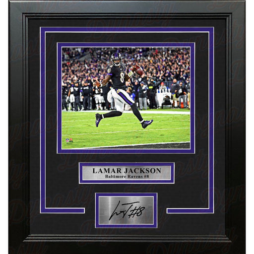 Lamar Jackson High-Stepping Touchdown Baltimore Ravens 8x10 Framed Photo with Engraved Autograph - Premium Engraved Signatures - Just $79.99! Shop now at Retro Gaming of Denver