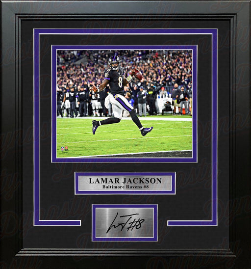 Lamar Jackson High-Stepping Touchdown Baltimore Ravens 8x10 Framed Photo with Engraved Autograph - for just $79.99! 