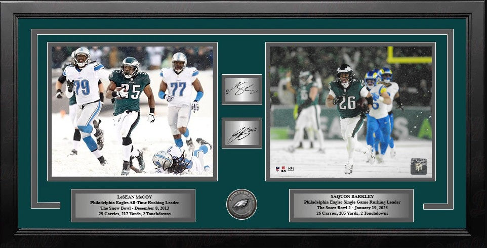 LeSean McCoy & Saquon Barkley Snow Bowl Philadelphia Eagles Framed Photos with Engraved Autographs - for just $159.99! 