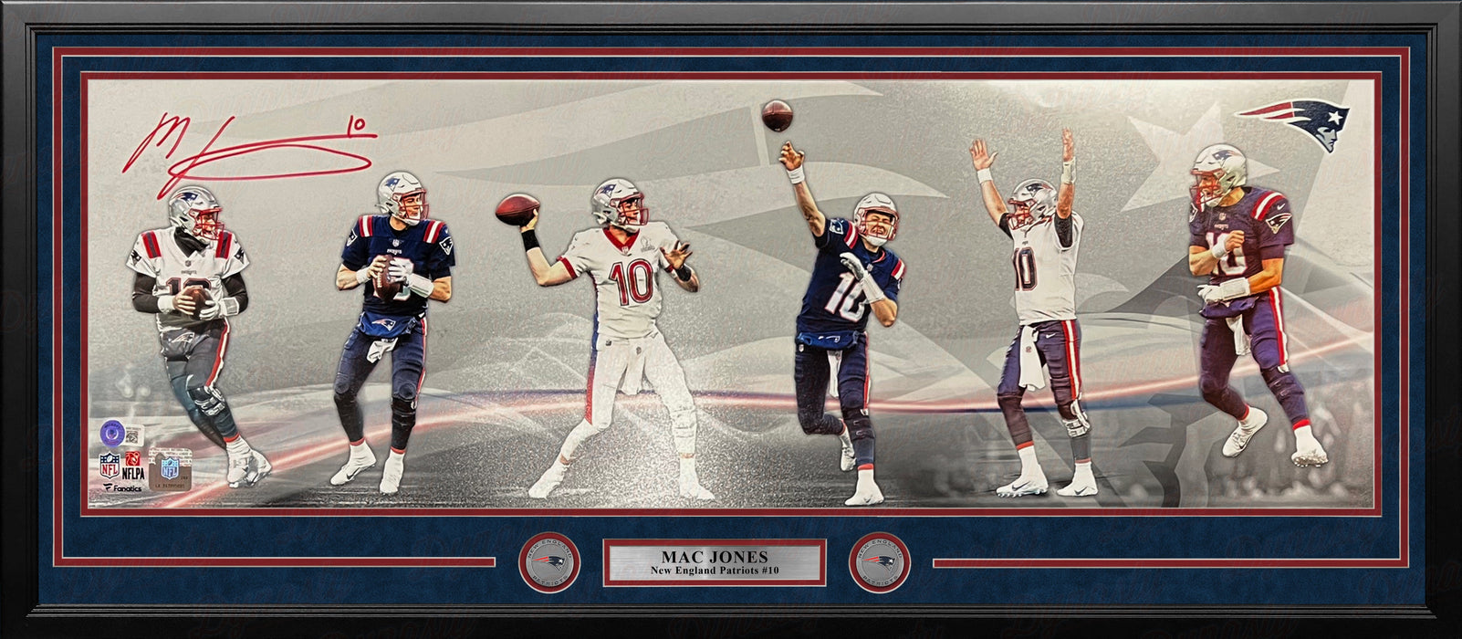 Mac Jones New England Patriots Autographed 10" x 30" Framed Football Panorama Collage Photo - for just $149! 