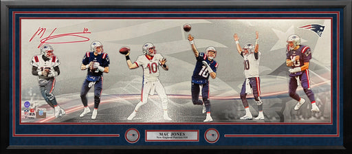 Mac Jones New England Patriots Autographed 10" x 30" Framed Football Panorama Collage Photo - for just $149! 