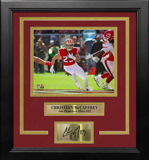 Christian McCaffrey in Action San Francisco 49ers 8x10 Framed Football Photo with Engraved Autograph - for just $79.99! 