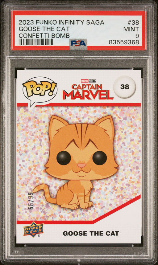 2023 UPPER DECK FUNKO POP MARVEL  GOOSE THE CAT CONFETTI BOMB #38  PSA 9 - for just $79! 