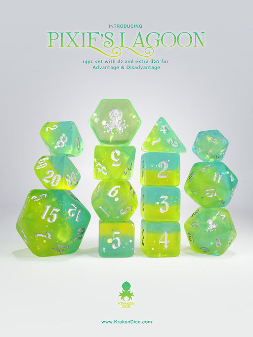 Pixie's Lagoon 14pc - Limited Run - Silver Ink Dice Set - for just $24.95! 