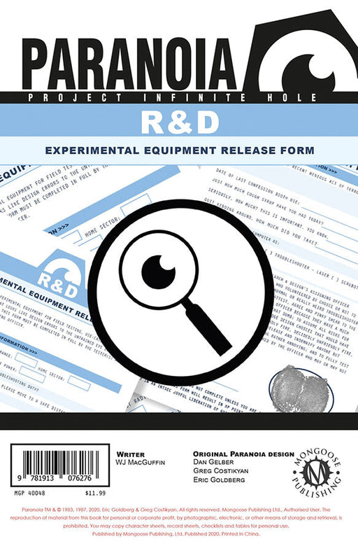 Paranoia: The R&D Experimental Equipment Release Form Pad - for just $11.99! 