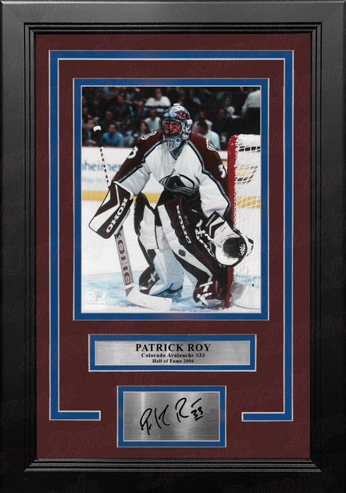 Patrick Roy in Net Colorado Avalanche 8" x 10" Framed Hockey Photo with Engraved Autograph - for just $79.99! 