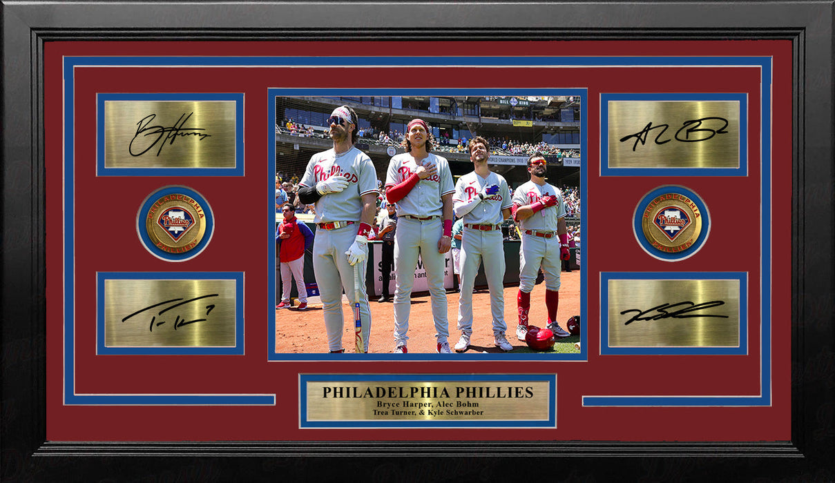 Philadelphia Phillies Anthem 8x10 Framed Photo & Engraved Autographs - Harper Bohm Turner Schwarber - for just $99.99! 
