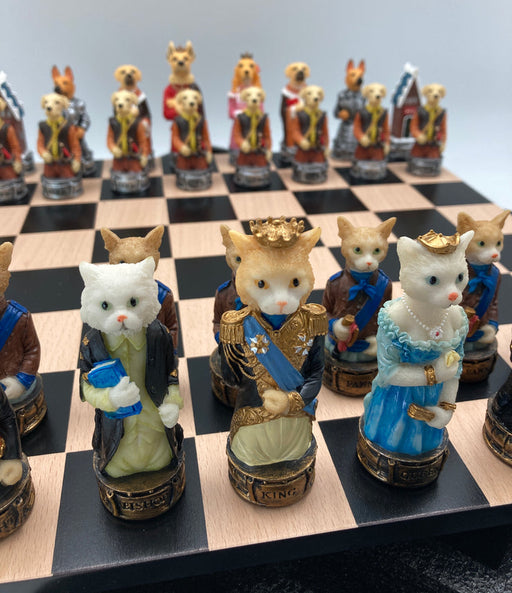 Chess Set - Cats & Dogs Resin Chessmen on Black/Maple Chest - for just $217! 