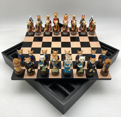 Chess Set - Cats & Dogs Resin Chessmen on Black/Maple Chest - for just $217! 