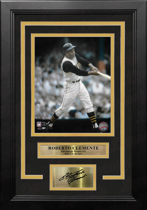 Roberto Clemente Swinging Action Pittsburgh Pirates 8" x 10" Framed Photo with Engraved Autograph - for just $79.99! 