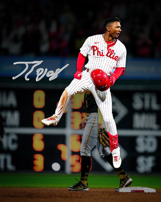 Johan Rojas Jumping on Base Philadelphia Phillies Autographed 8" x 10" Baseball Photo - for just $59.99! 