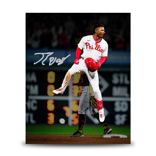 Johan Rojas Jumping on Base Philadelphia Phillies Autographed 8" x 10" Baseball Photo - for just $59.99! 
